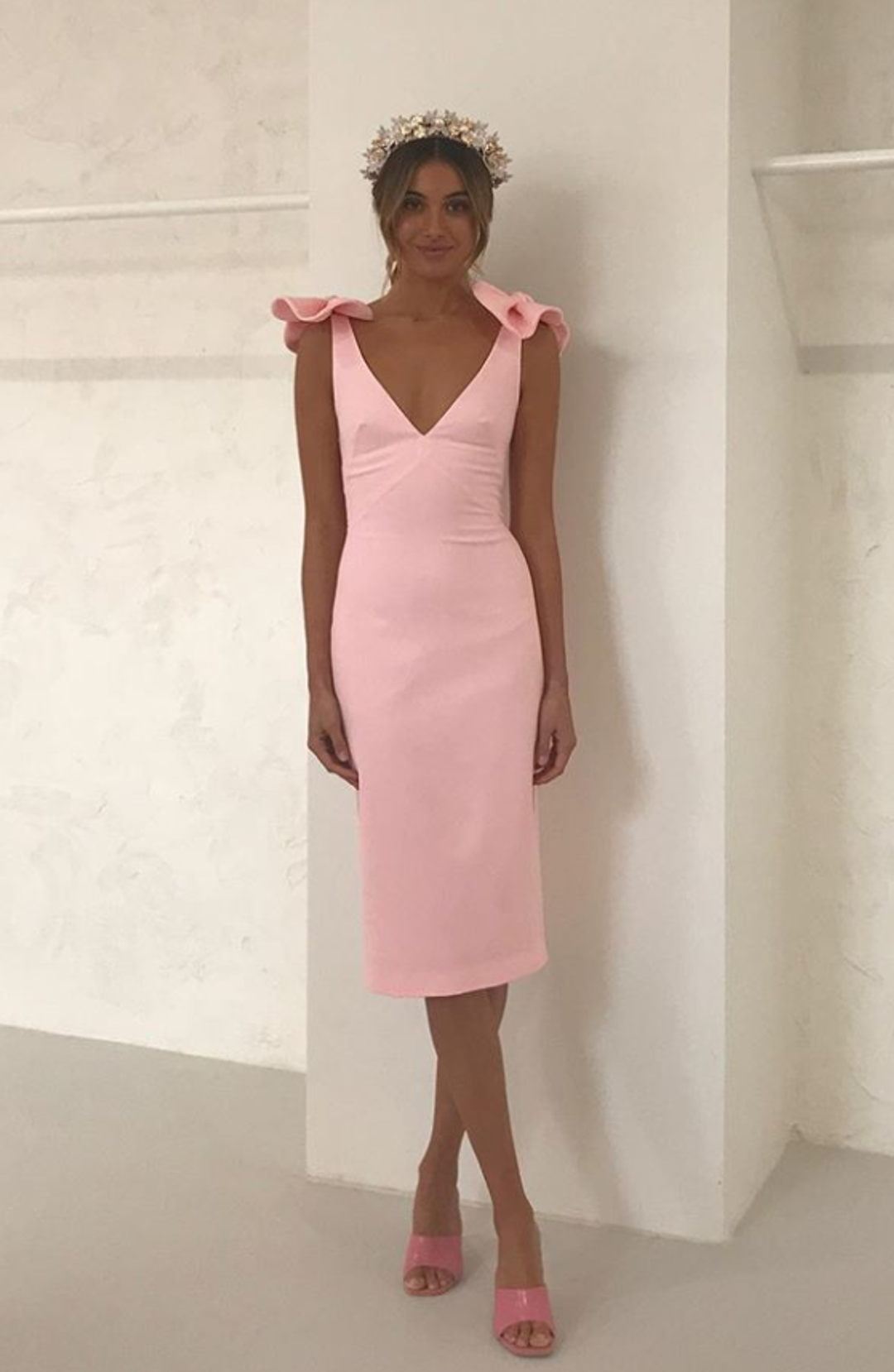 By Johnny V Plunge Bow Shoulder Midi Dress  Baby Pink Size 8 for rent on The Volte - main image