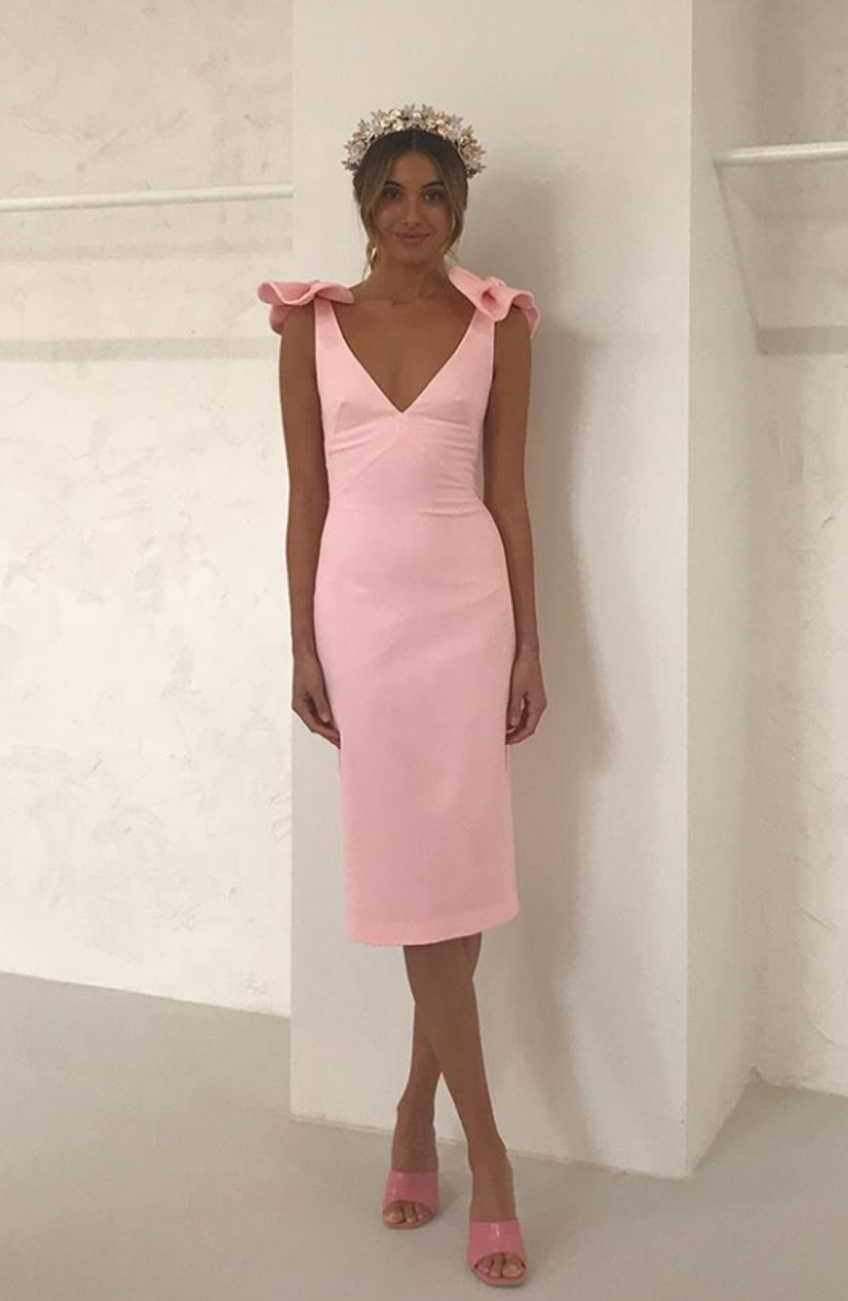 By Johnny V Plunge Bow Shoulder Midi Dress  Baby Pink Size 8 for rent on The Volte - main image