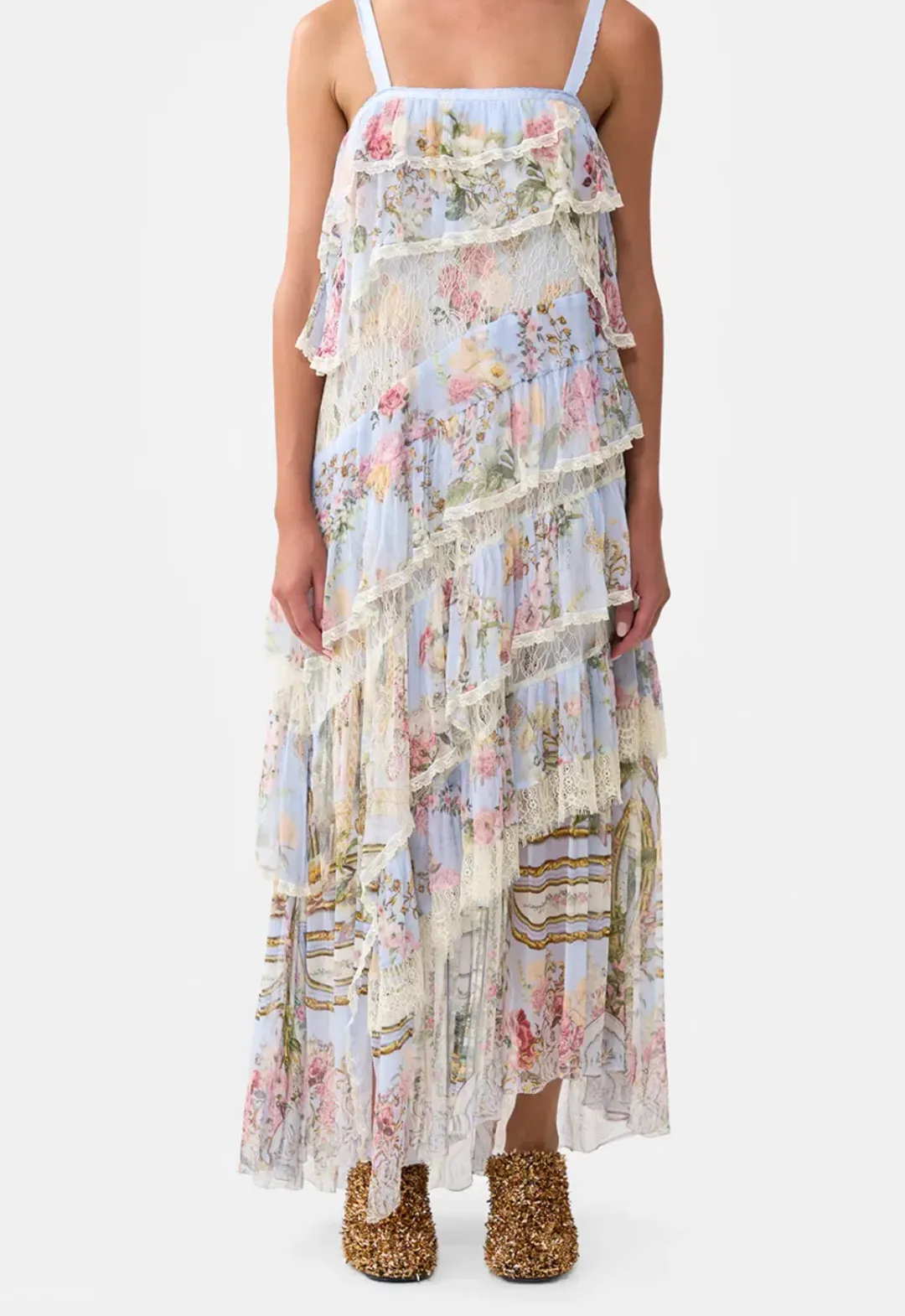 Asymmetric Spliced Lace Dress - Tiled In Time Size 18 for rent on The Volte - main image