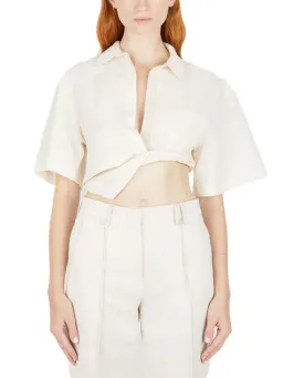 Jacquemus Capri Cotton And Linen-Blend Cropped Beige Shirt Size 38 / AU 10 for rent on The Volte - image 1