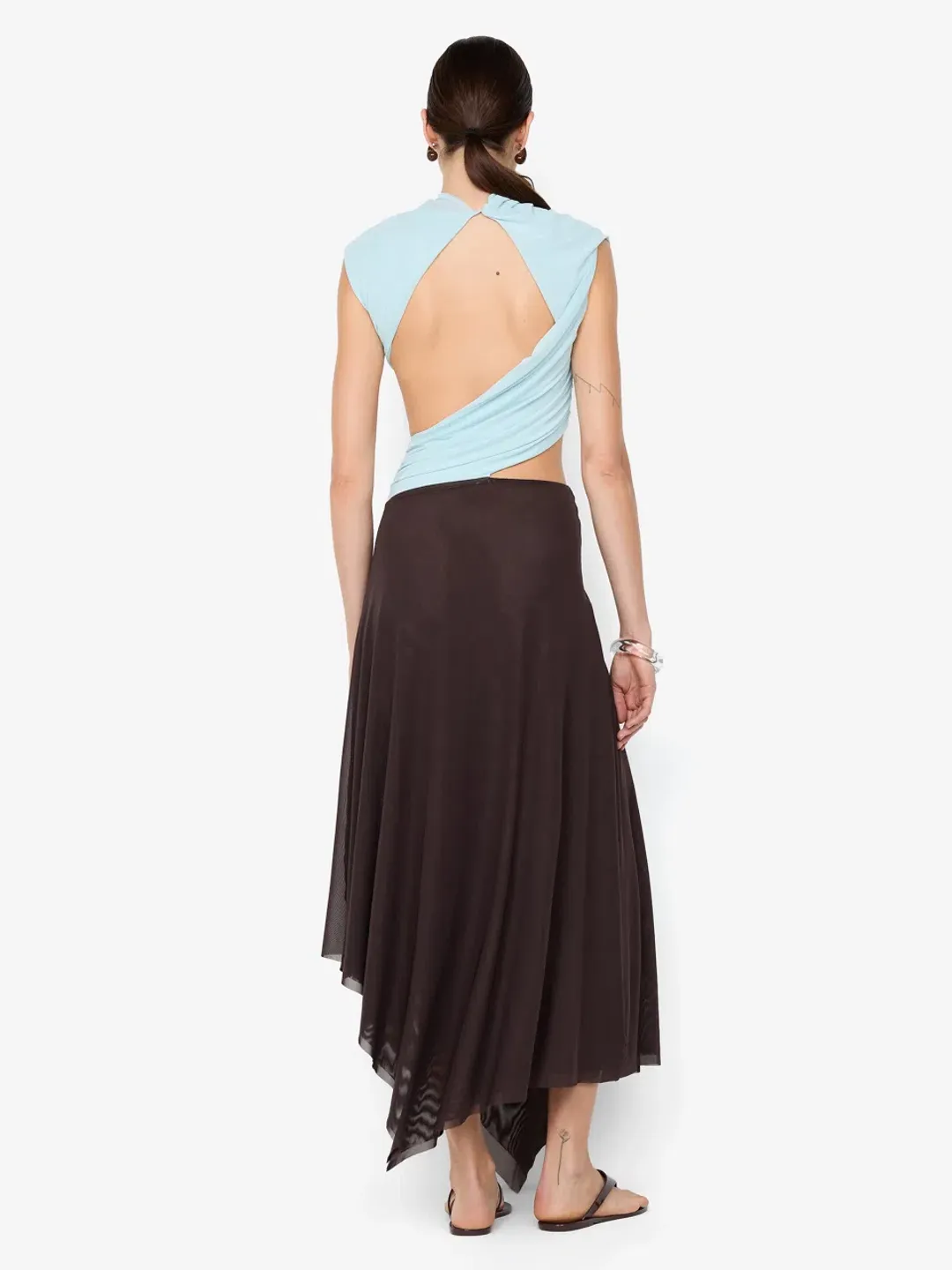 Bec and Bridge Conni Asym Midi Dress Artic Blue and Dark Choc Size 10 for rent on The Volte - main image