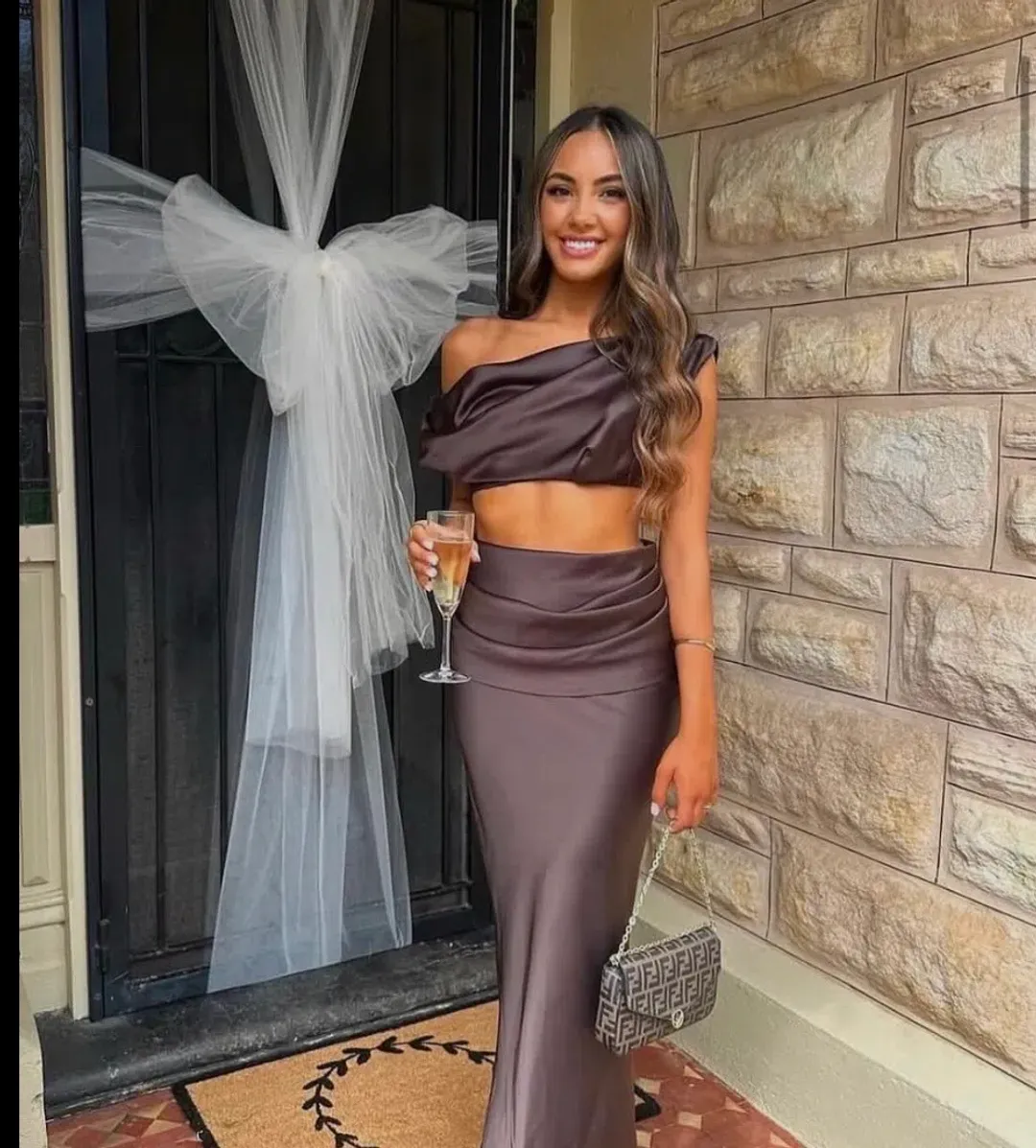 EFFIE KATS PEREZ SATIN MAXI SET BROWN for rent on The Volte - main image