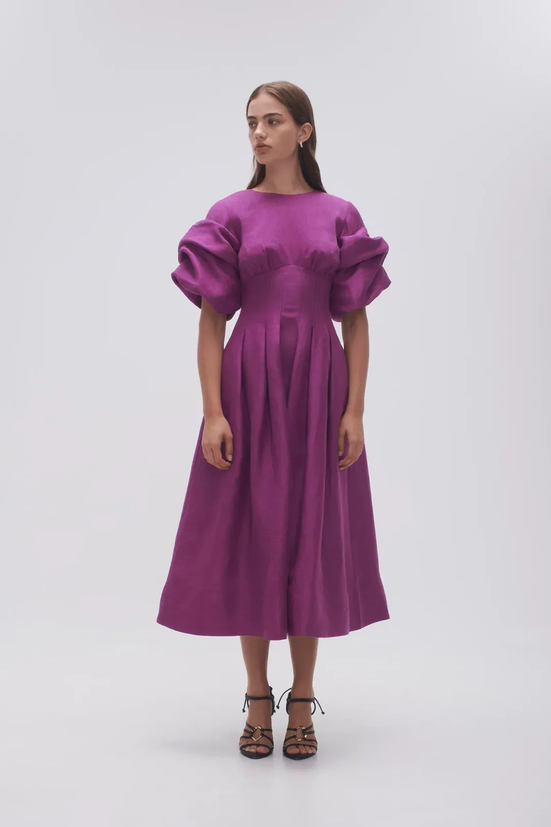 Aje Adelie Puff Sleeve Midi Dress in Plum Purple Size AU 12  for rent on The Volte - main image