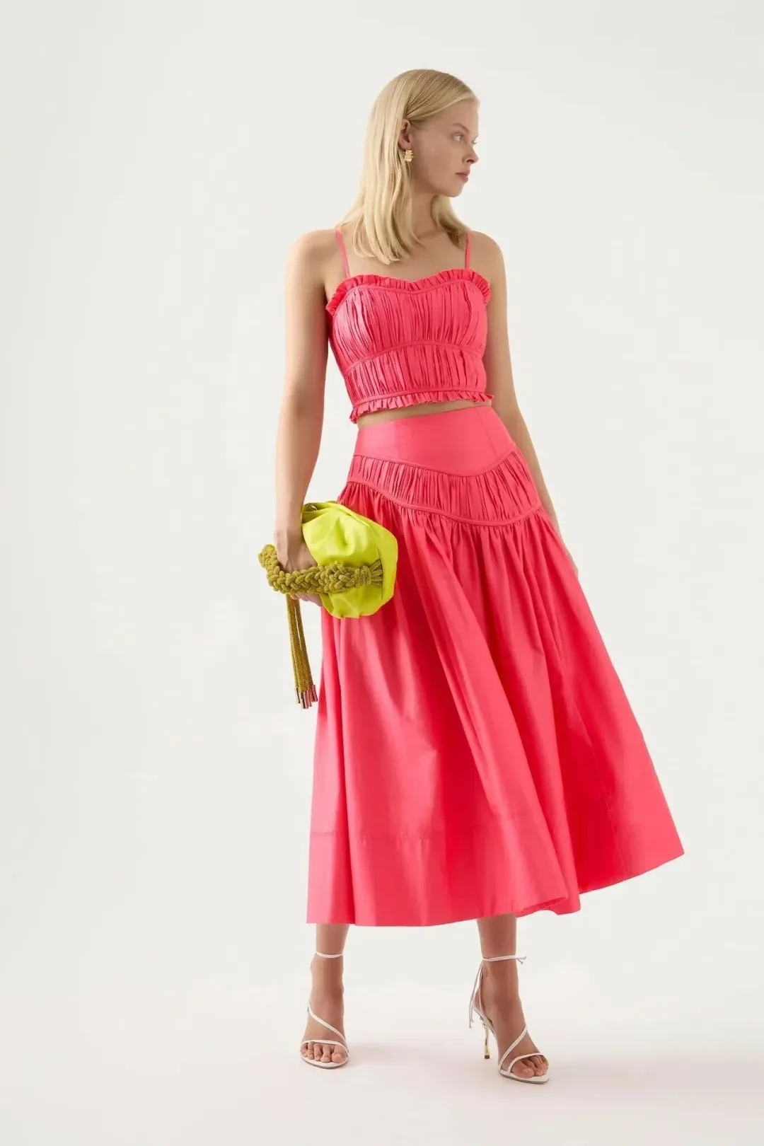 AJE 2-piece size 8 Pepper Ruched Bodice & Curve Midi Skirt Rouge Pink for rent on The Volte - main image