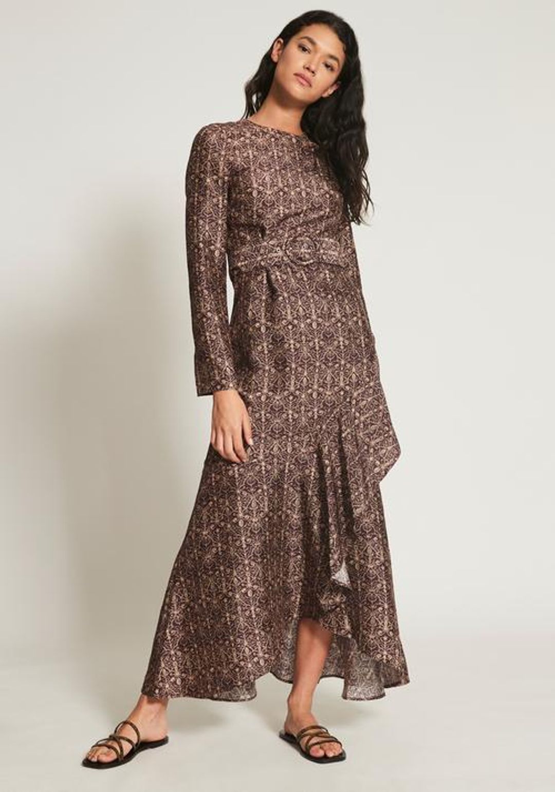 Sir The Label Siena Asymmetric Ruffle Midi Gown Brown | AU 10 for rent on The Volte - main image