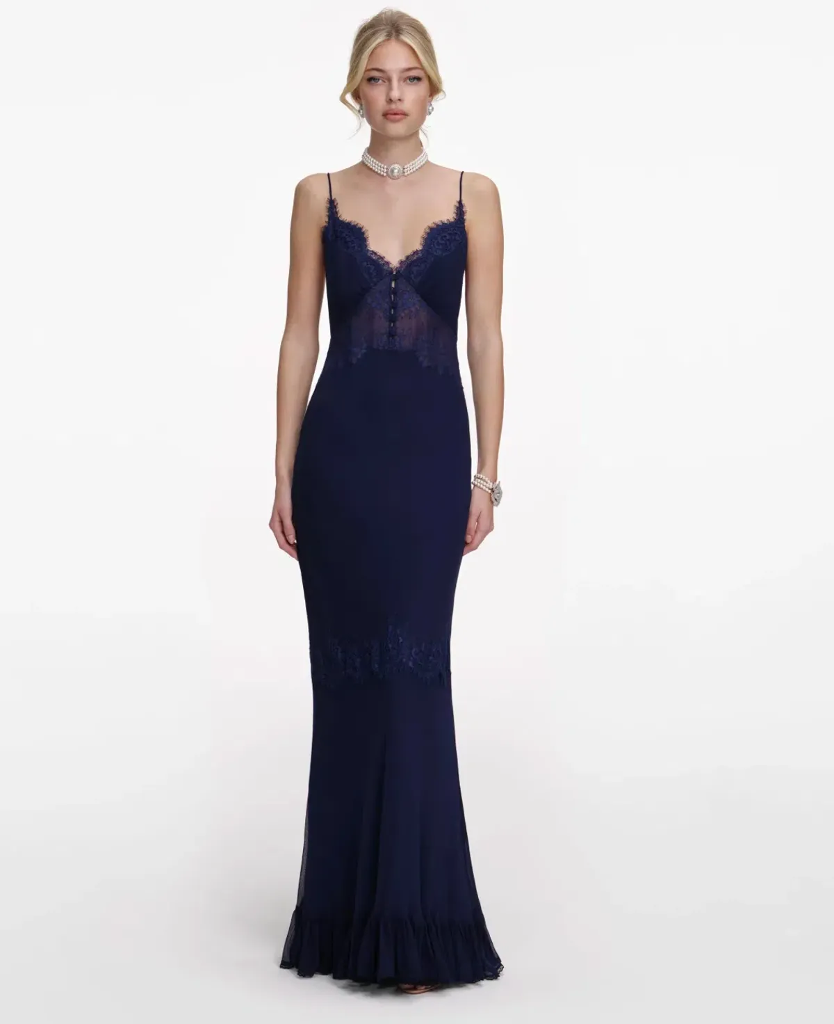 Self Portrait Navy Lace Georgette Maxi Dress Size 8  for rent on The Volte - main image