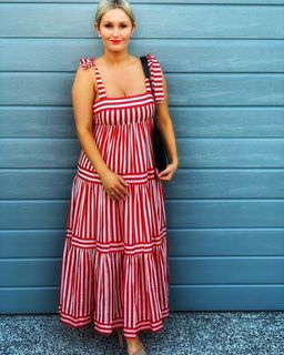 Zimmermann Zinnia Stripe Tie Tiered Dress Red Stripe Size 6 for rent on The Volte - image 1