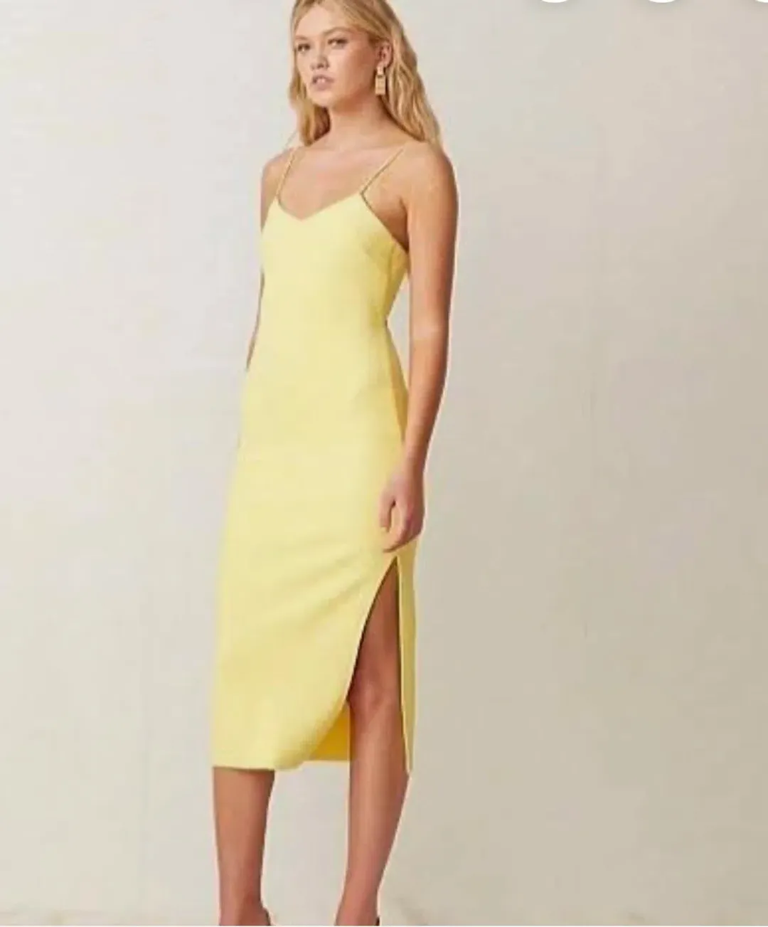 Bec & Bridge Gemma Midi Dress Yellow  Size 10  spaghetti strap backless with thigh slit, midi dress,  for rent on The Volte - main image