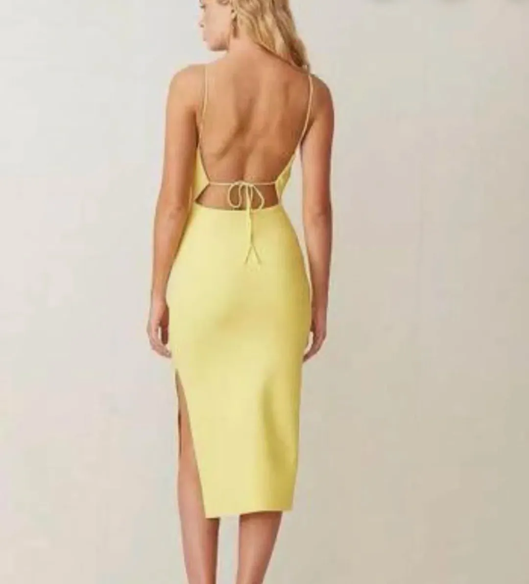 Bec & Bridge Gemma Midi Dress Yellow  Size 10  spaghetti strap backless with thigh slit, midi dress,  for rent on The Volte - main image