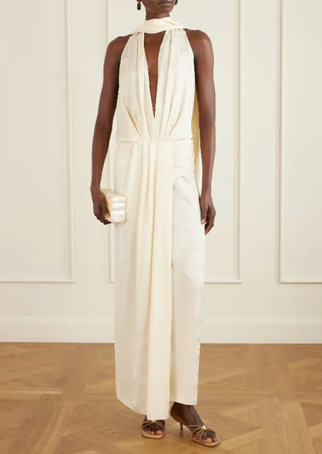 JOHANNA ORTIZ Wildly Beautiful tasseled satin-jacquard halterneck maxi dress size AU 8  for rent on The Volte - main image