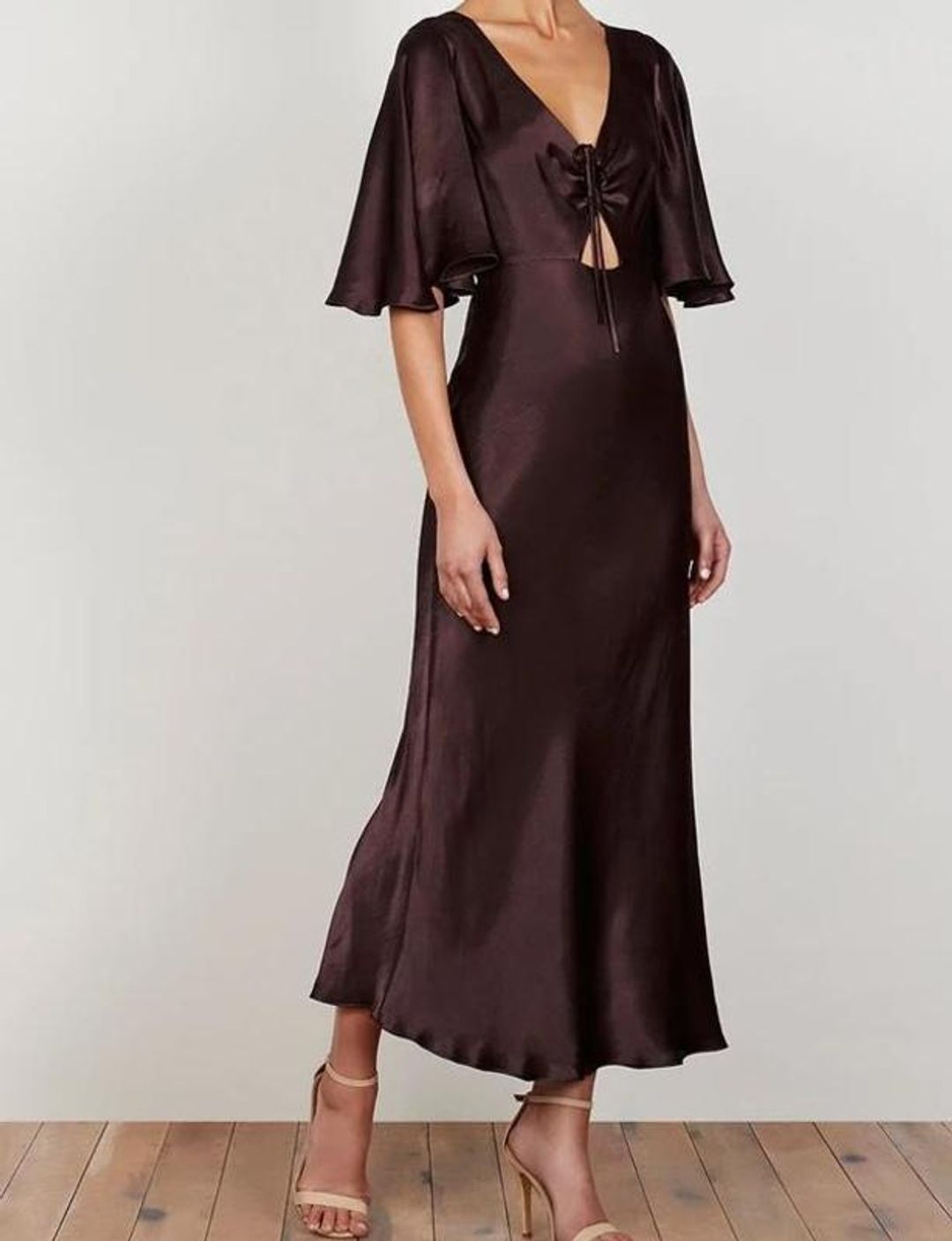 Shona Joy Wright Flutter Sleeve Bias Midi Dress Espresso Size 8 for rent on The Volte - main image