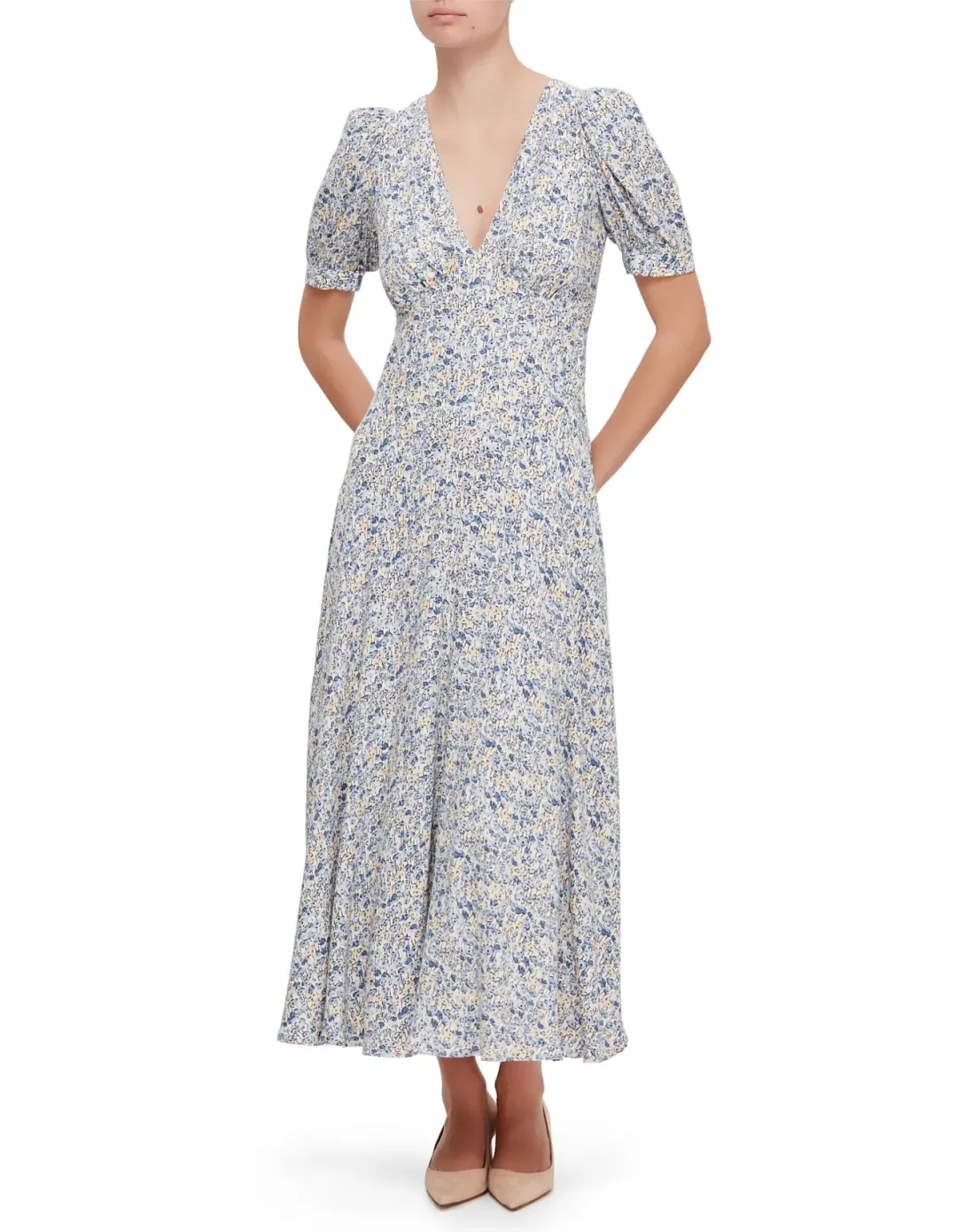 Reformation Naira SS V Neck Midi Dress Size 8 Dara Floral for rent on The Volte - main image