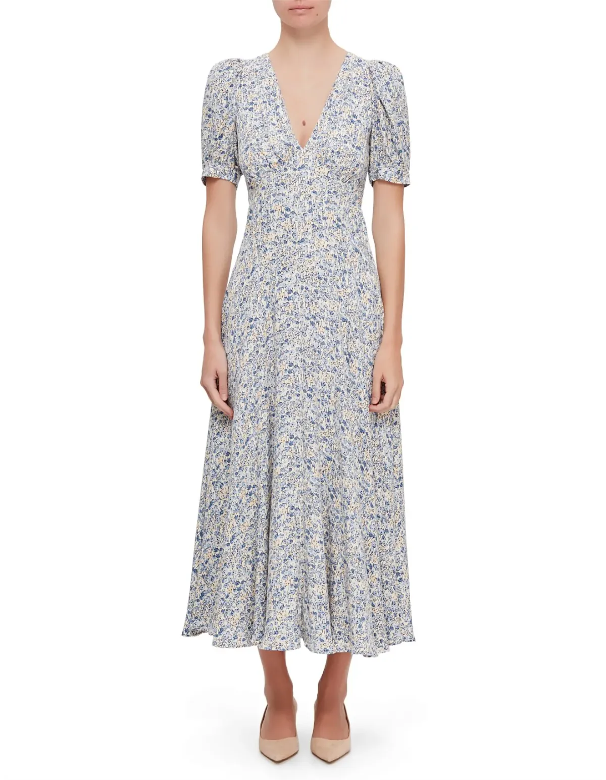 Reformation Naira SS V Neck Midi Dress Size 8 Dara Floral for rent on The Volte - main image