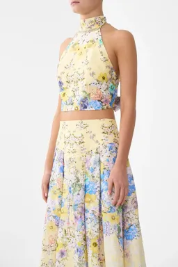 Camilla Darling Buds Halter Tie Back Top Cropped Yellow Floral Size 12 / M/L — Races, Wedding Guest, Cocktail for rent on The Volte - image 1