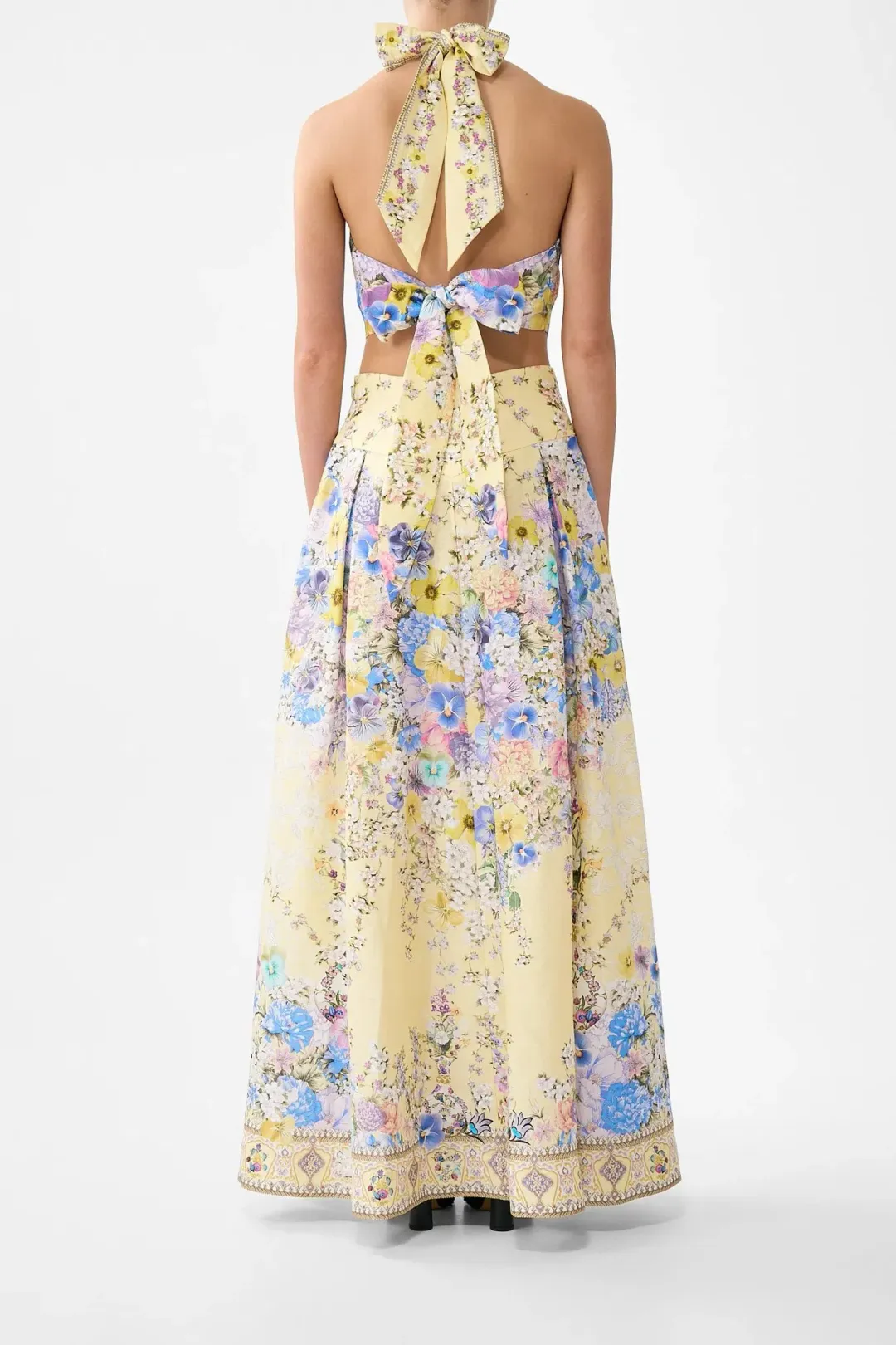 Camilla Darling Buds Halter Tie Back Top Cropped Yellow Floral Size 12 / M/L — Races, Wedding Guest, Cocktail for rent on The Volte - main image
