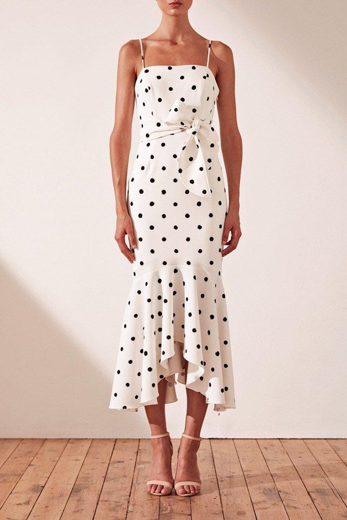 Shona Joy Abigail Trumpet Midi Black & White Polka Dot Size 8 for rent on The Volte - main image