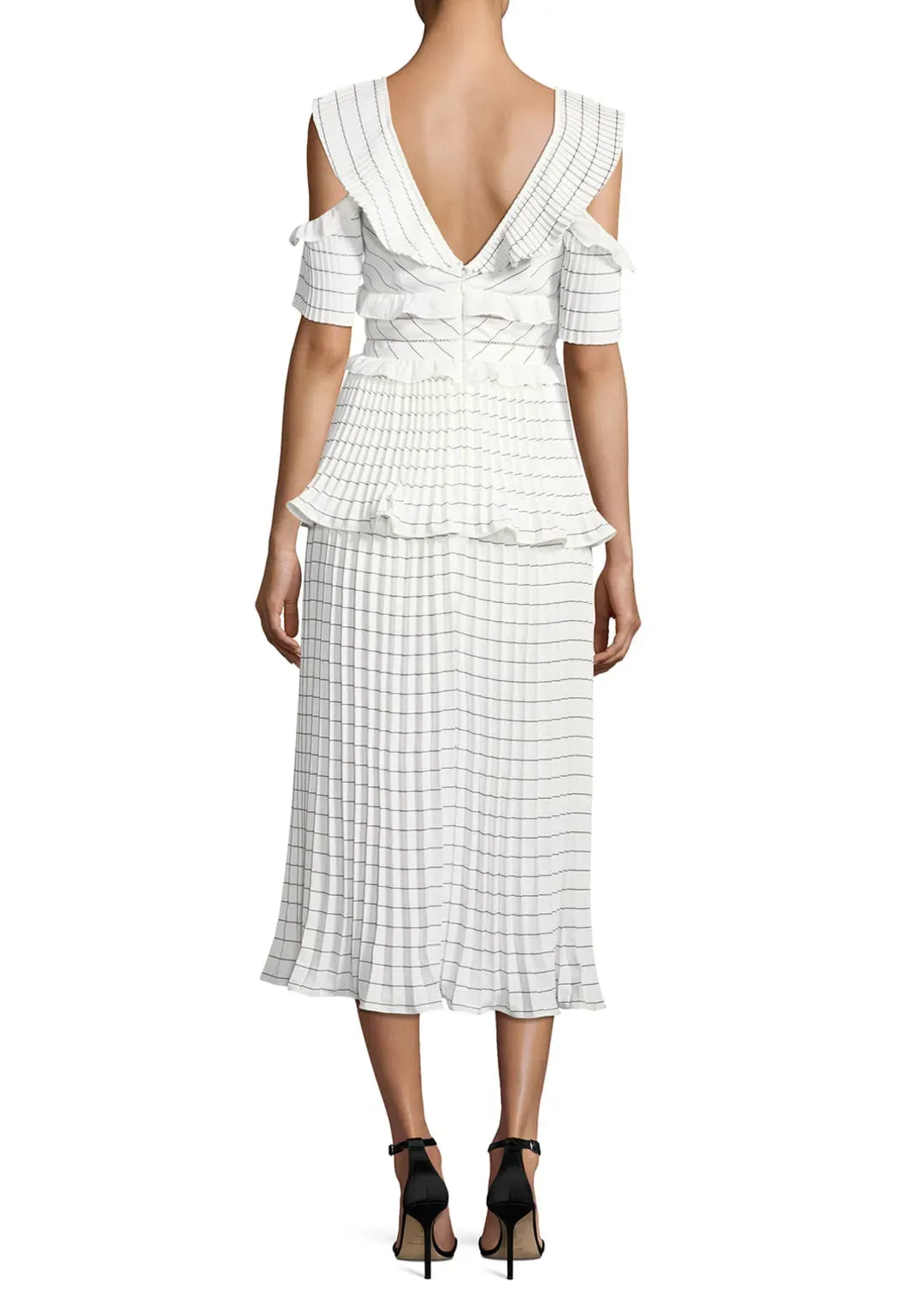 Self Portrait Monochrome Striped Pleated Midi Cocktail Dress White/Striped Size 10 for rent on The Volte - main image