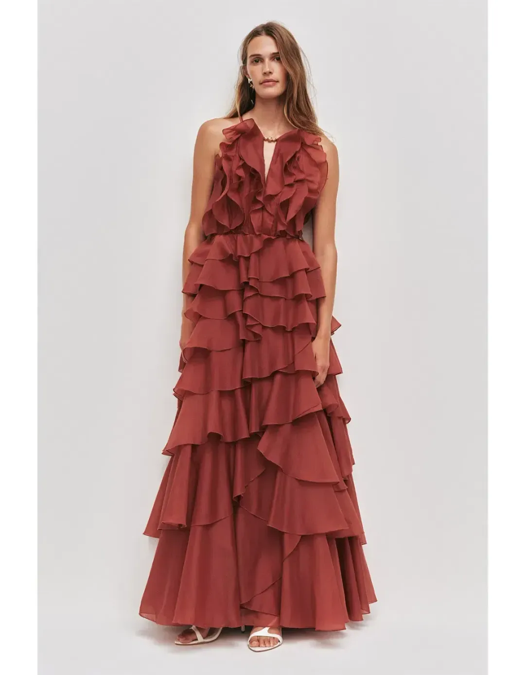 🤎 AJE Cleo Gown in Rust Brown - Size 6 - Ruffle Tiered Maxi Dress 🤎 for rent on The Volte - main image