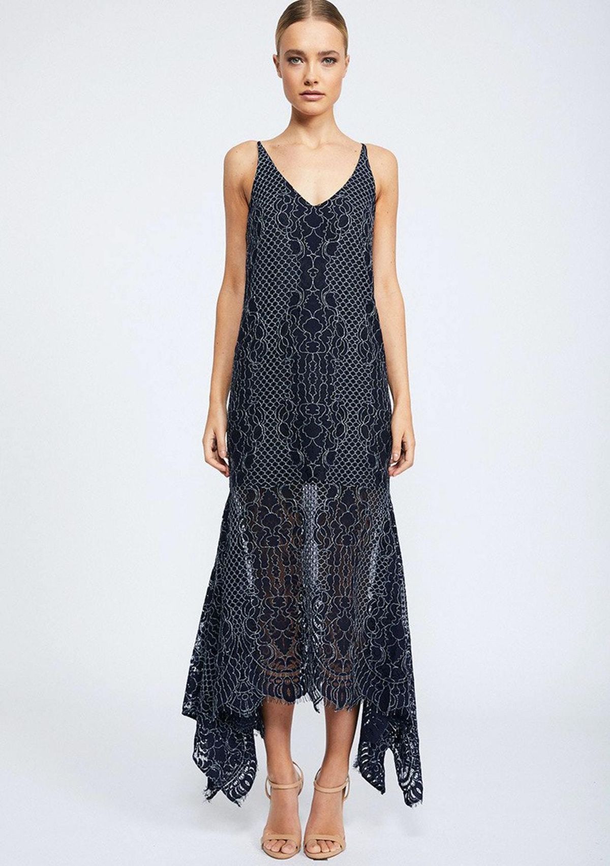 Shona Joy Lace Handkerchief Slip Dress Navy size 8  for rent on The Volte - main image