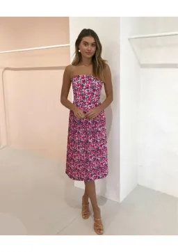 By Johnny Strapless Pleat Midi Dress in Crimson Cotton Candy Floral Size 6 for rent on The Volte - image 3