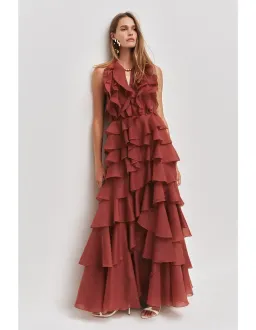 🤎 AJE Cleo Gown in Rust Brown - Size 16 - Ruffle Tiered Maxi Dress 🤎 for rent on The Volte - image 1