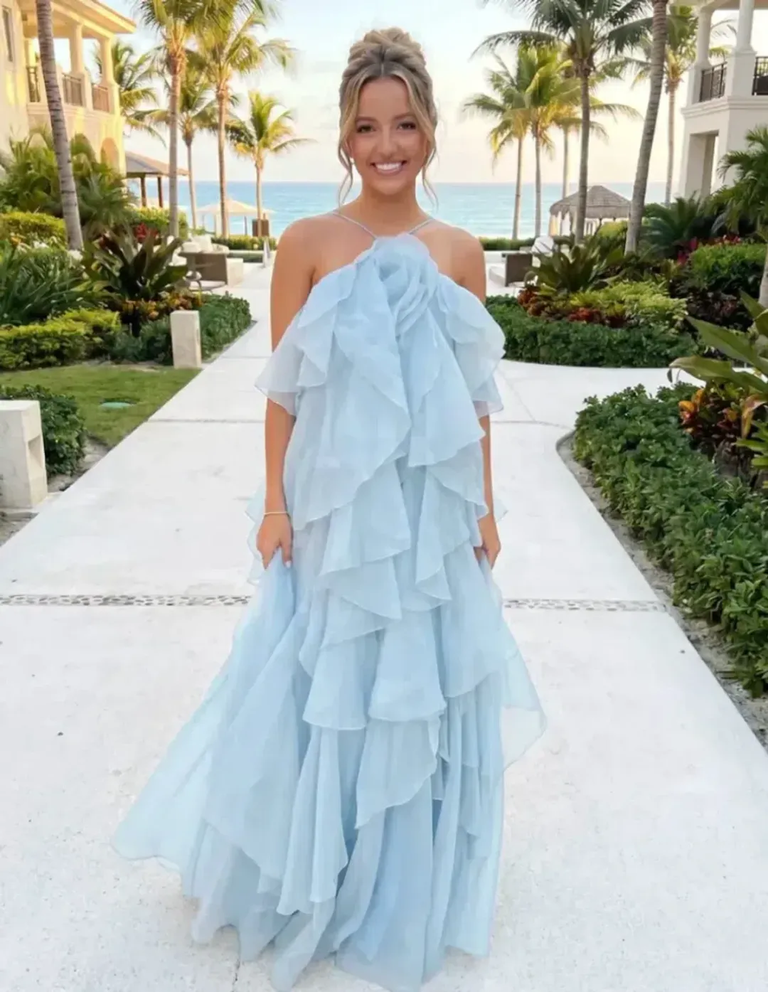 💧AJE Pandorea Layered Maxi Dress – Silver Blue – Size 8 Formal Tiered Gown 💧 for rent on The Volte - main image