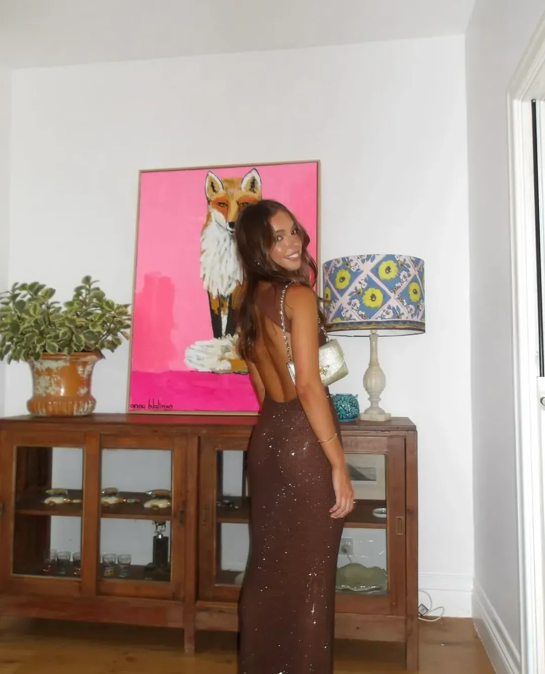 MESHKI Jasmyn Hot Fix Maxi Dress with Mesh Back – Chocolate Size S for rent on The Volte - main image