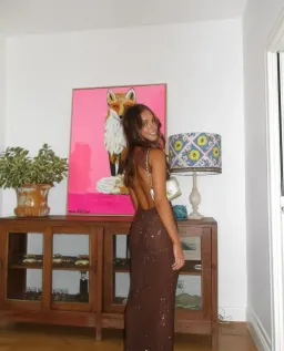 MESHKI Jasmyn Hot Fix Maxi Dress with Mesh Back – Chocolate Size S for rent on The Volte - image 3