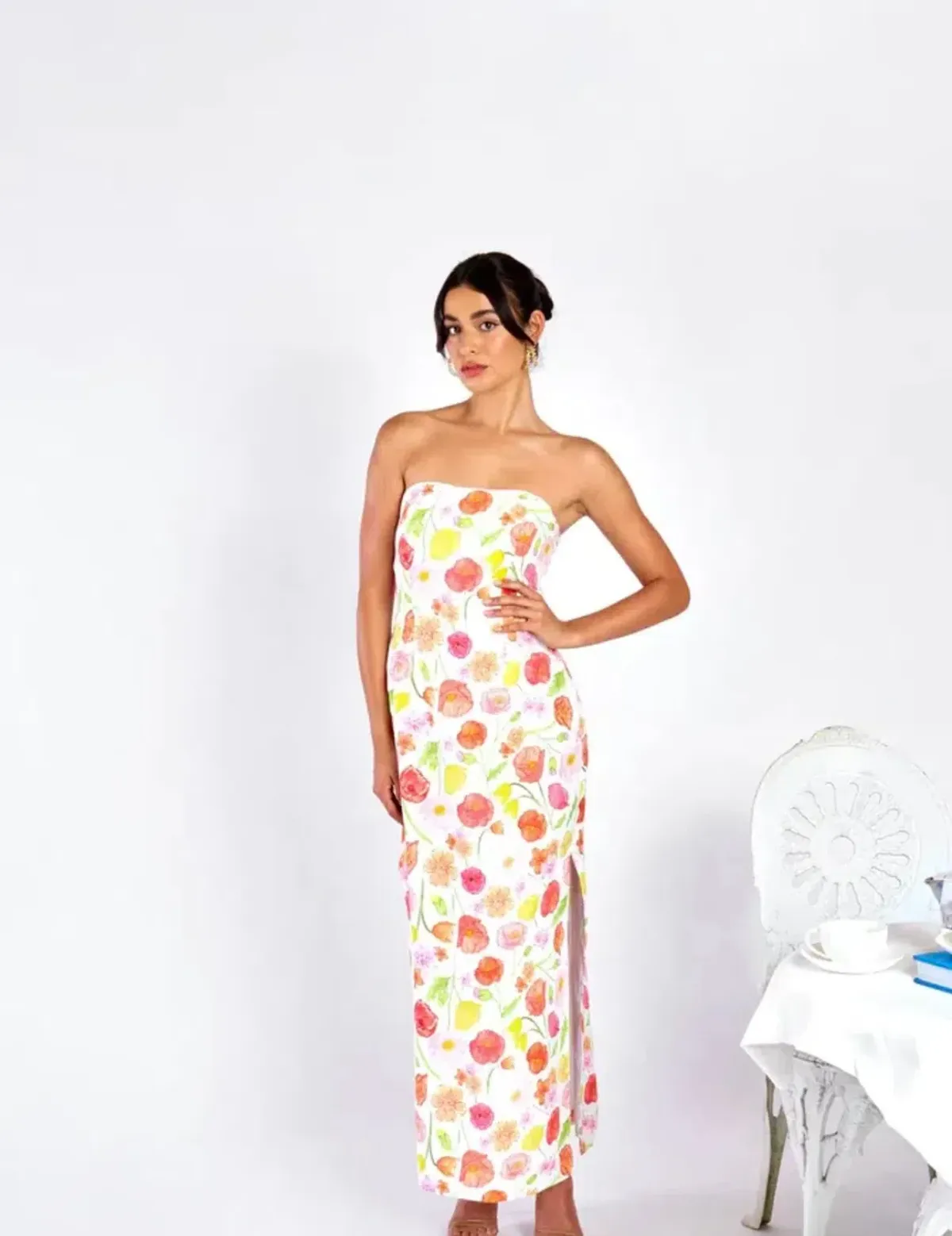 Isabella Longginou • Poppy floral • Strapless pencil dress  • Size 8 for rent on The Volte - main image