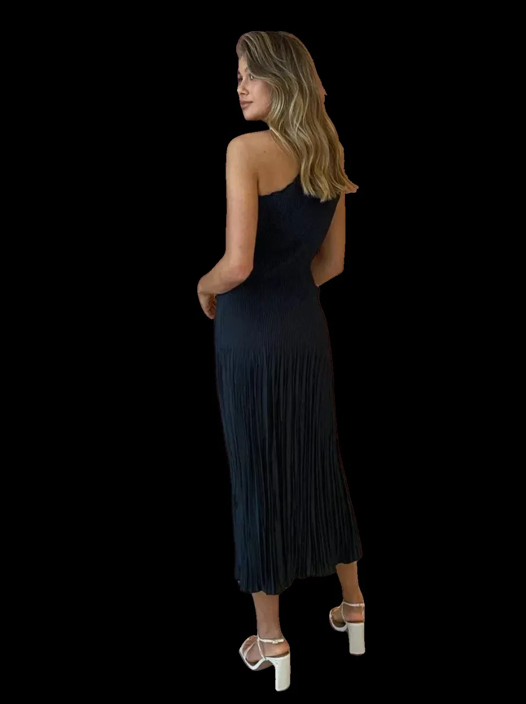 L'IDEE Soiree One Shoulder Midi Dress Black Size 6 for rent on The Volte - main image