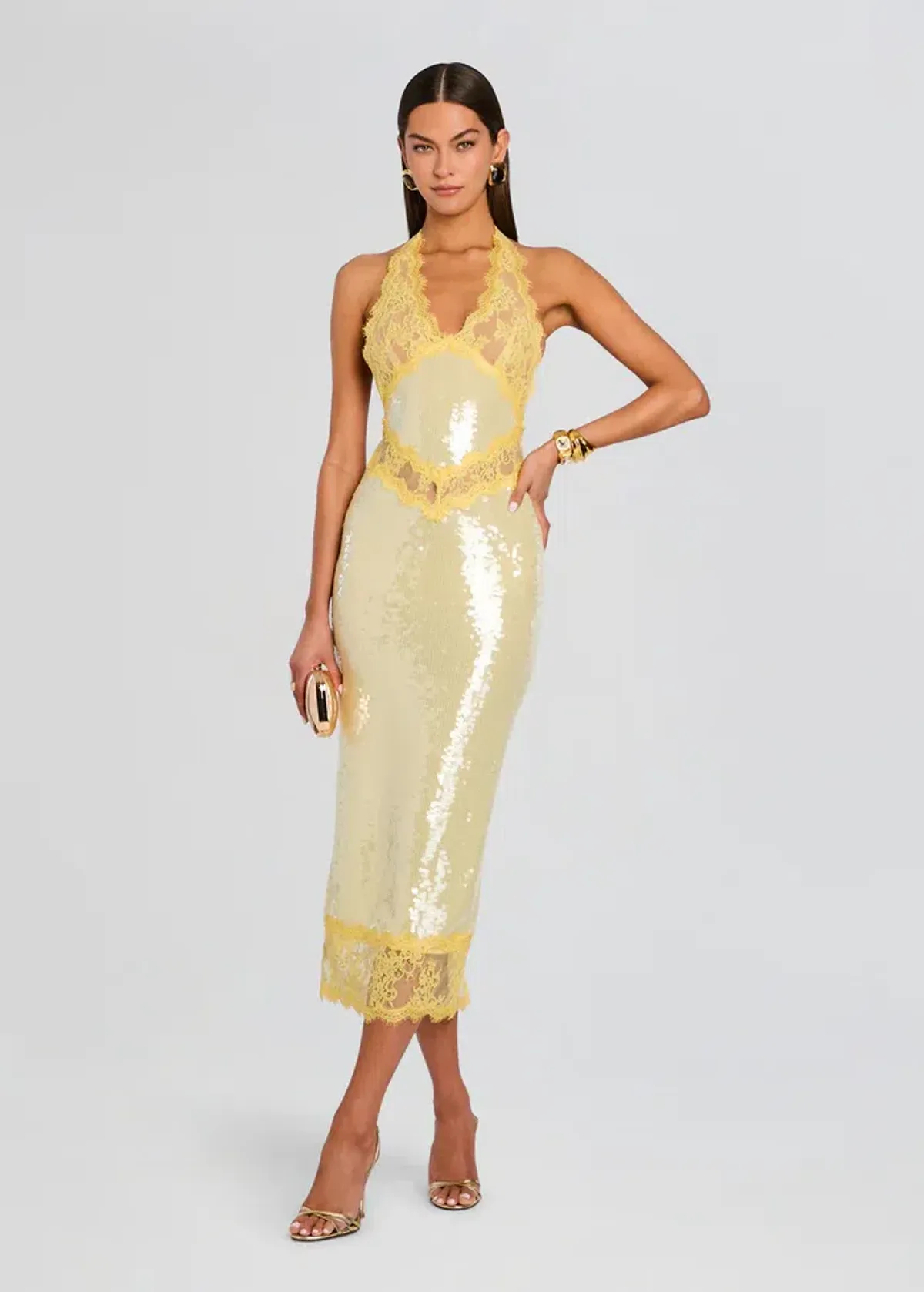 RETROFETE Vicky Sequin Lace Dress in yellow size S (AU 8) for rent on The Volte - main image