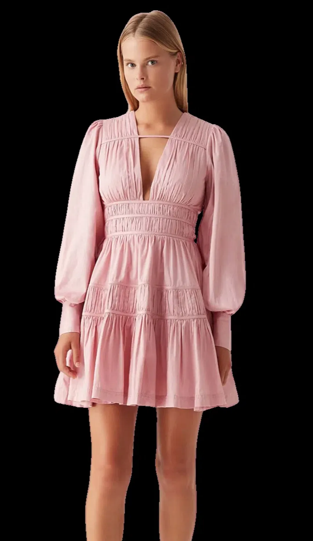 Aje Fallingwater Ruched Mini Dress Chalk Pink Size 12 for rent on The Volte - main image