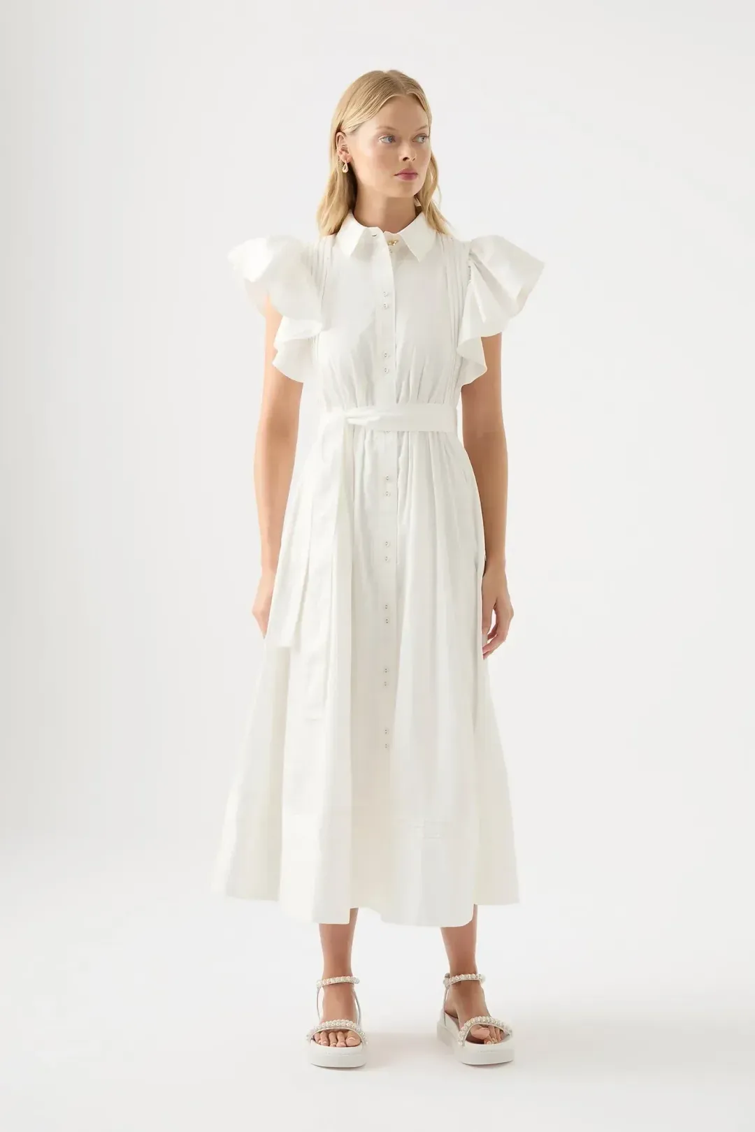 AJE Kindred Frill Midi Dress – Ivory | Size 12 for rent on The Volte - main image