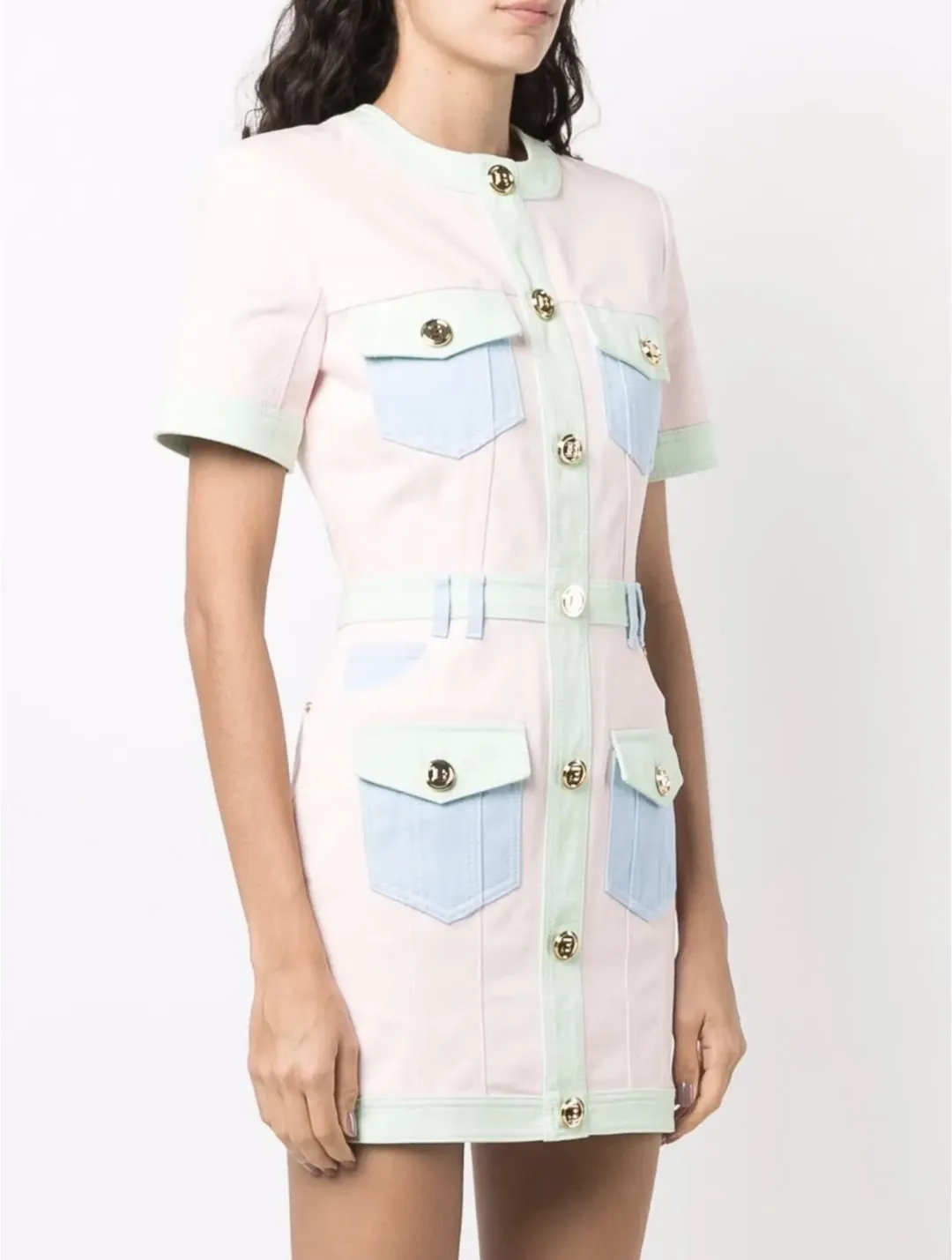 Balmain multi-panel short sleeve dress (pink denim) size 36 for rent on The Volte - main image
