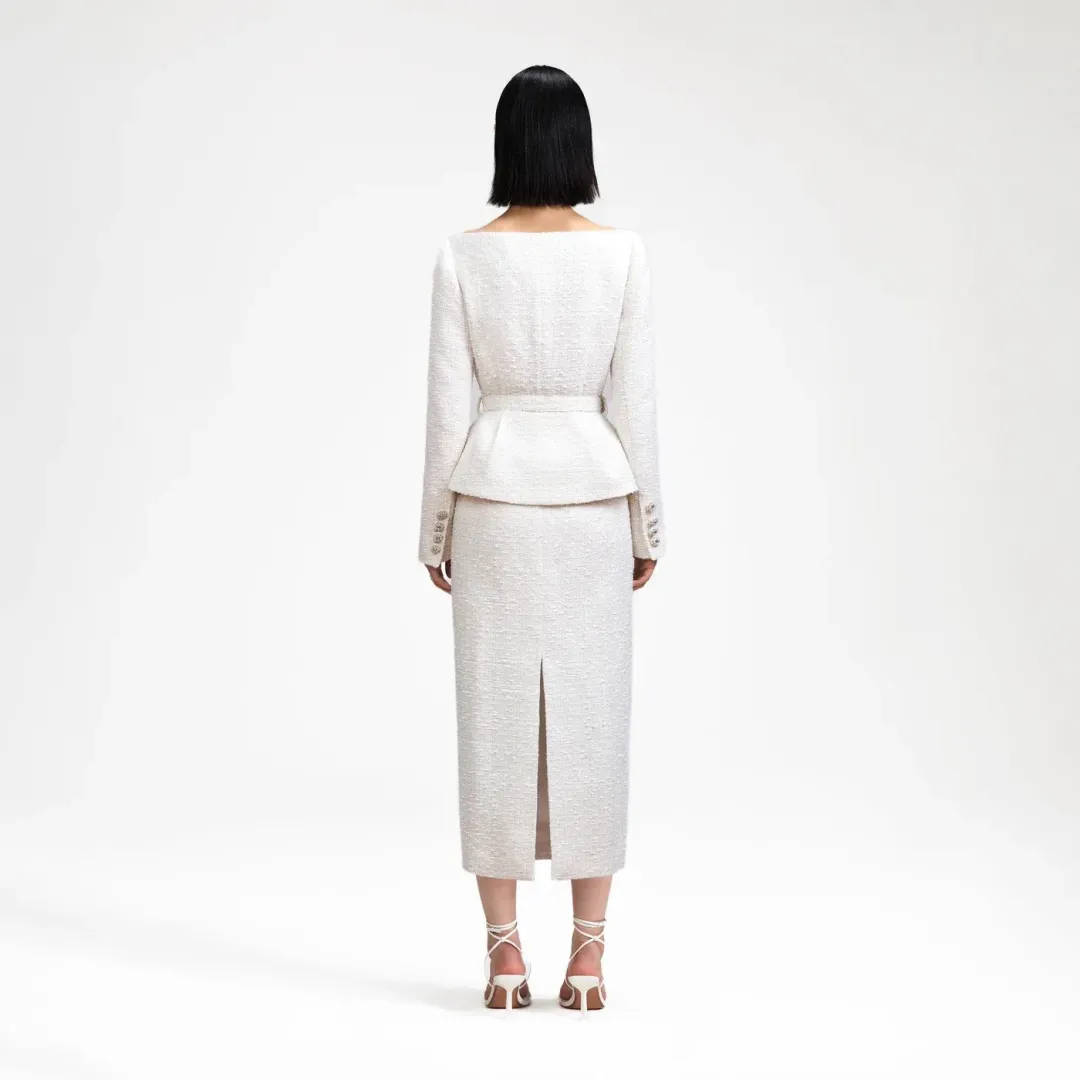 Self Portrait cream off shoulder boucle midi dress- Size 10 for rent on The Volte - main image