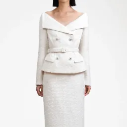 Self Portrait cream off shoulder boucle midi dress- Size 10 for rent on The Volte - image 4