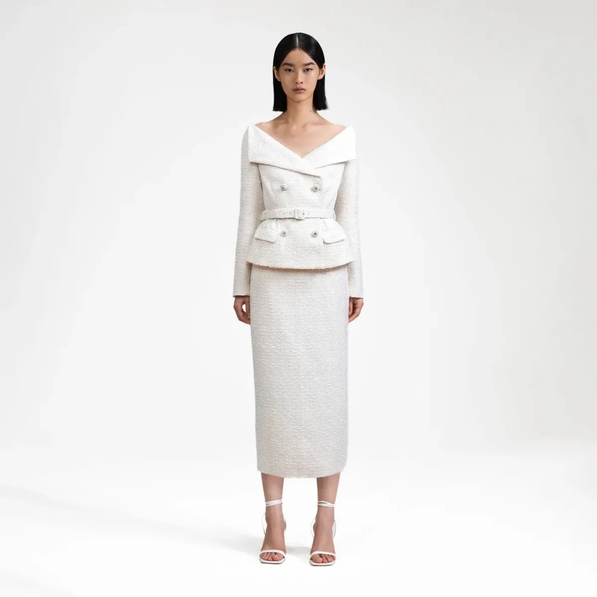 Self Portrait cream off shoulder boucle midi dress- Size 10 for rent on The Volte - main image