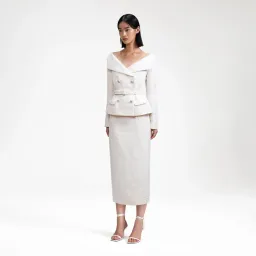 Self Portrait cream off shoulder boucle midi dress- Size 10 for rent on The Volte - image 2