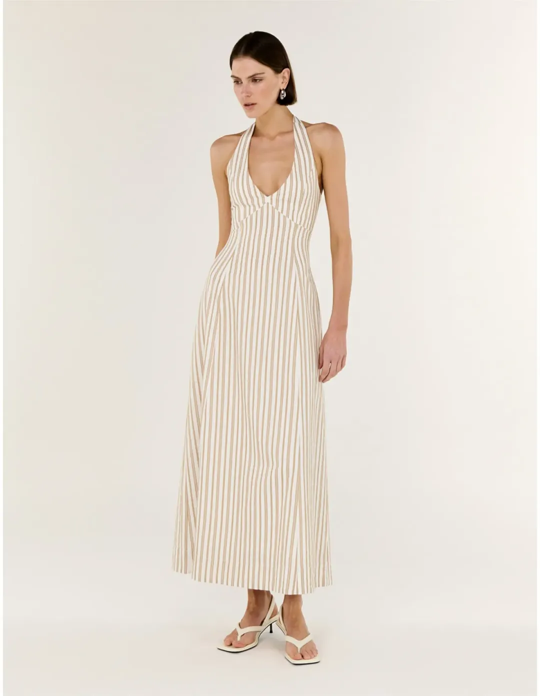 Staple The Label LOLA Halter Midi Dress XS Taupe White Stripe for rent on The Volte - main image