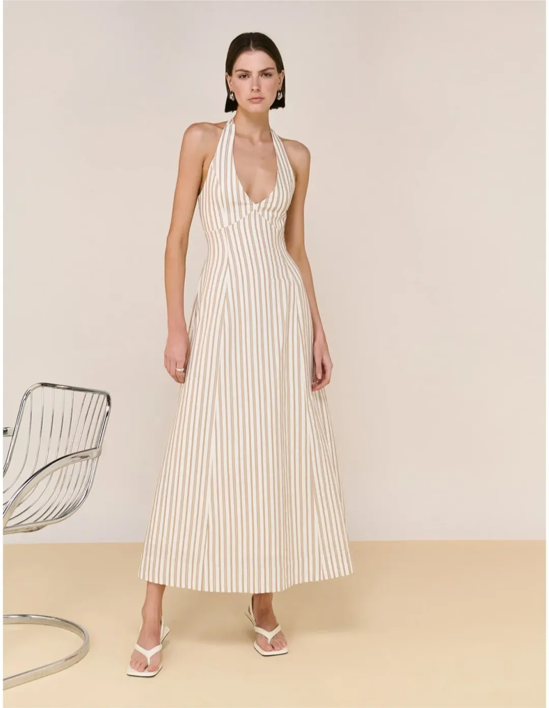 Staple The Label LOLA Halter Midi Dress XS Taupe White Stripe for rent on The Volte - main image