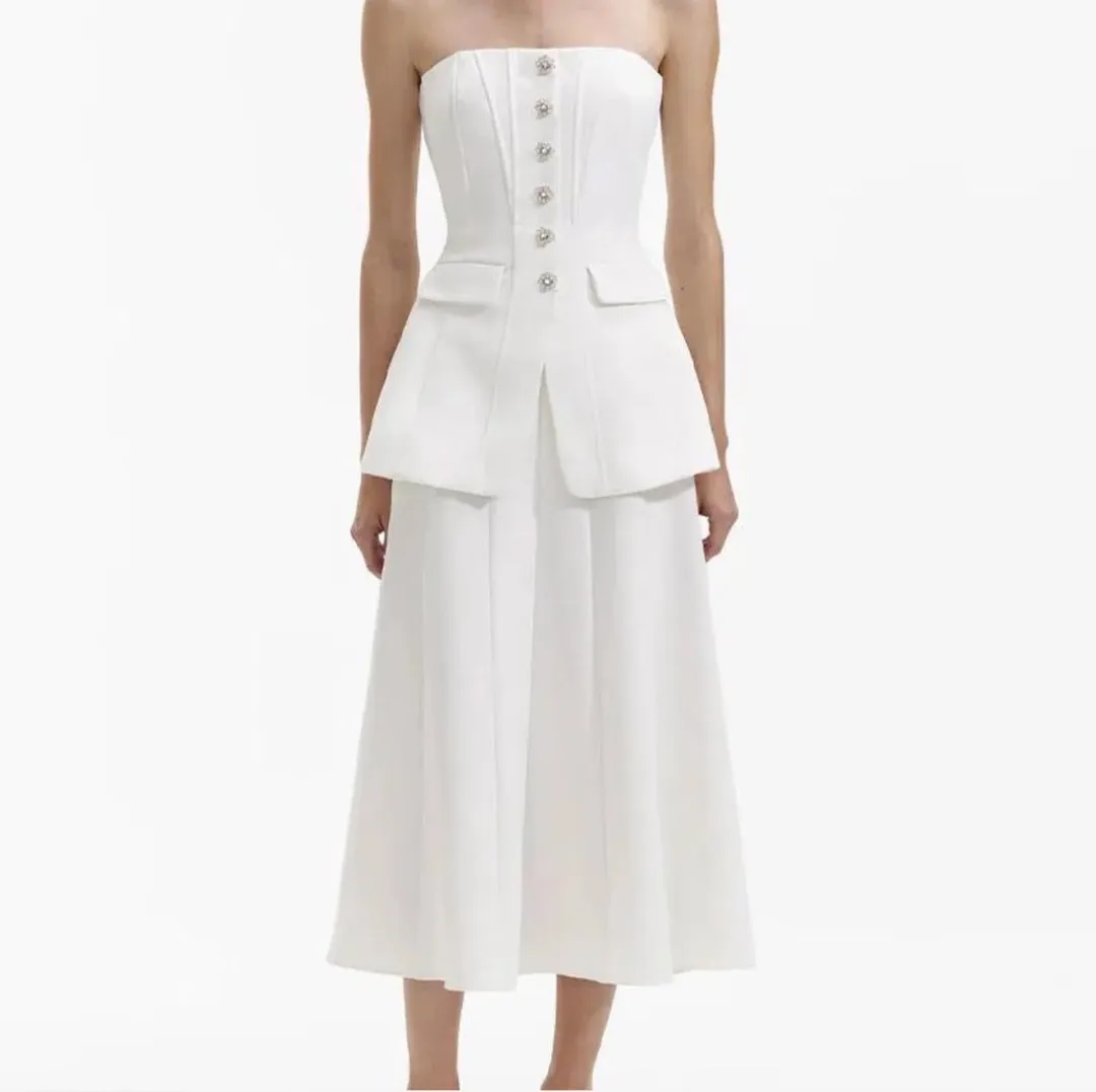 Self Portrait White Bandeau Crepe Midi Dress Size 10 for rent on The Volte - main image