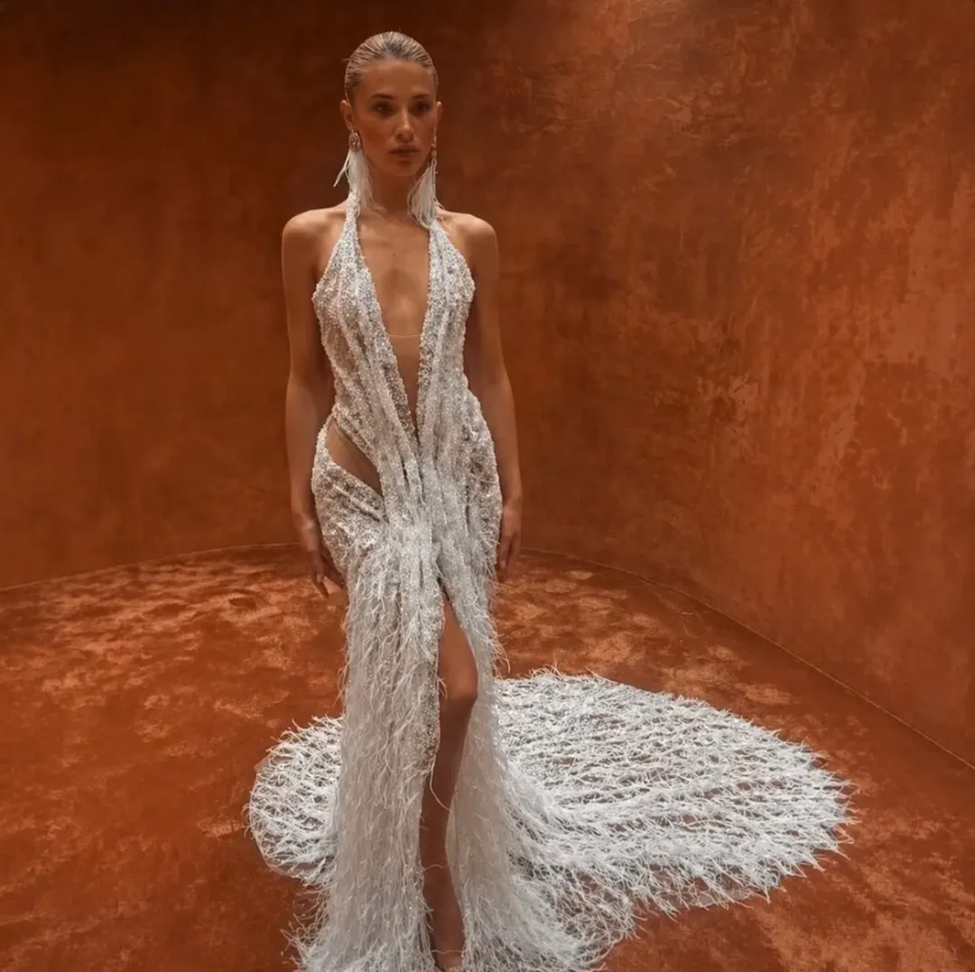 Albina Dyla Beaded Feather Strap Maxi Gown – White Plunge Split Train Formal Dress | Size AU 4 for rent on The Volte - main image