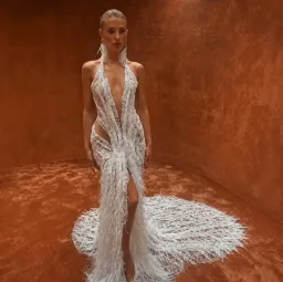 Albina Dyla Beaded Feather Strap Maxi Gown – White Plunge Split Train Formal Dress | Size AU 4 for rent on The Volte - image 1