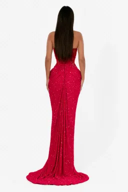 Albina Dyla Red Crystal Contour Gown – Sequin Cut-Out High Split Formal Dress | Size 8 for rent on The Volte - image 2