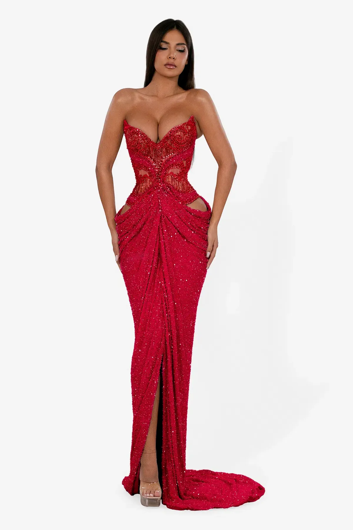 Albina Dyla Red Crystal Contour Gown – Sequin Cut-Out High Split Formal Dress | Size 8 for rent on The Volte - main image