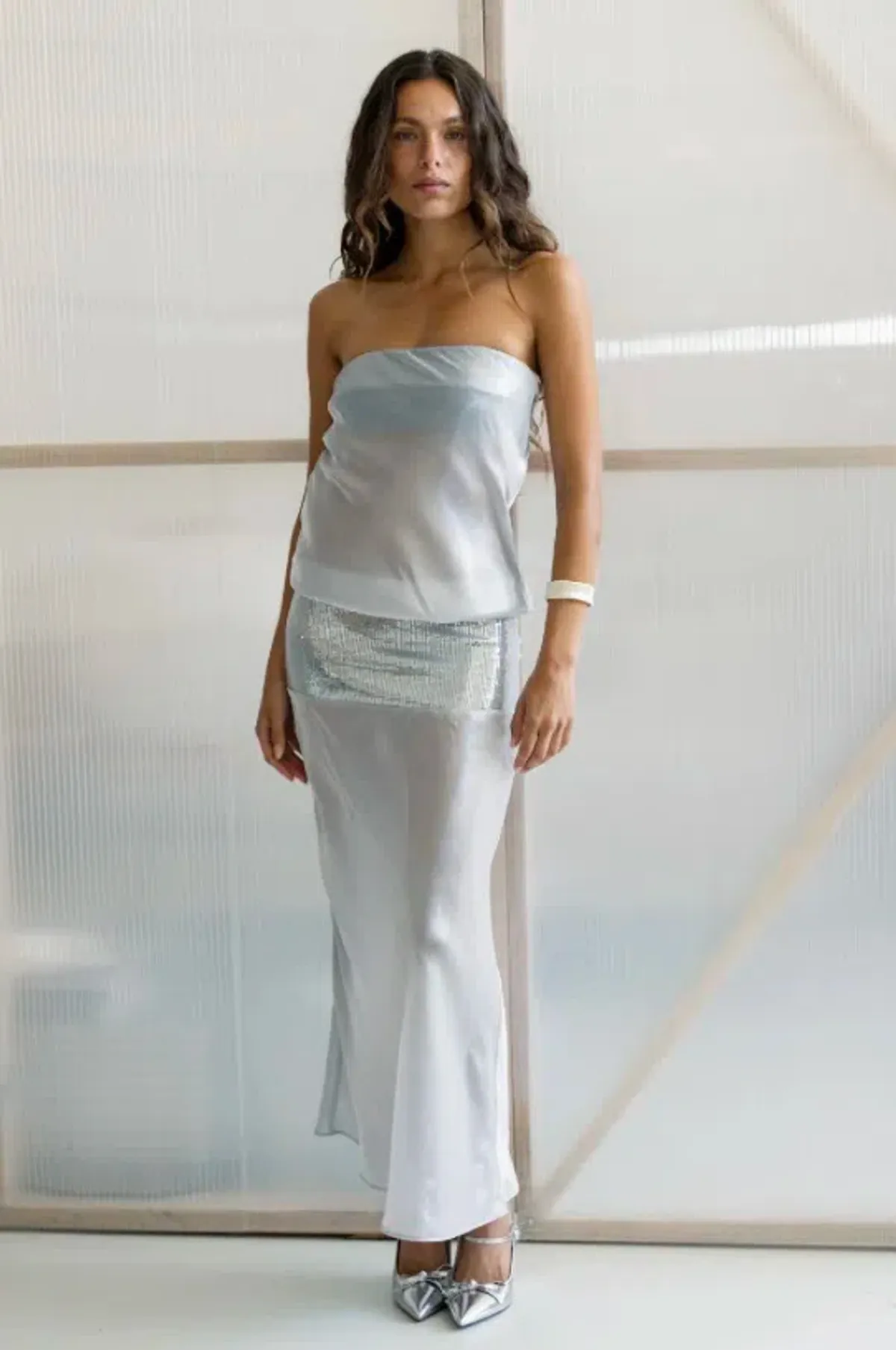 Mode Mischief Melt Max Dress XXS Silver for rent on The Volte - main image
