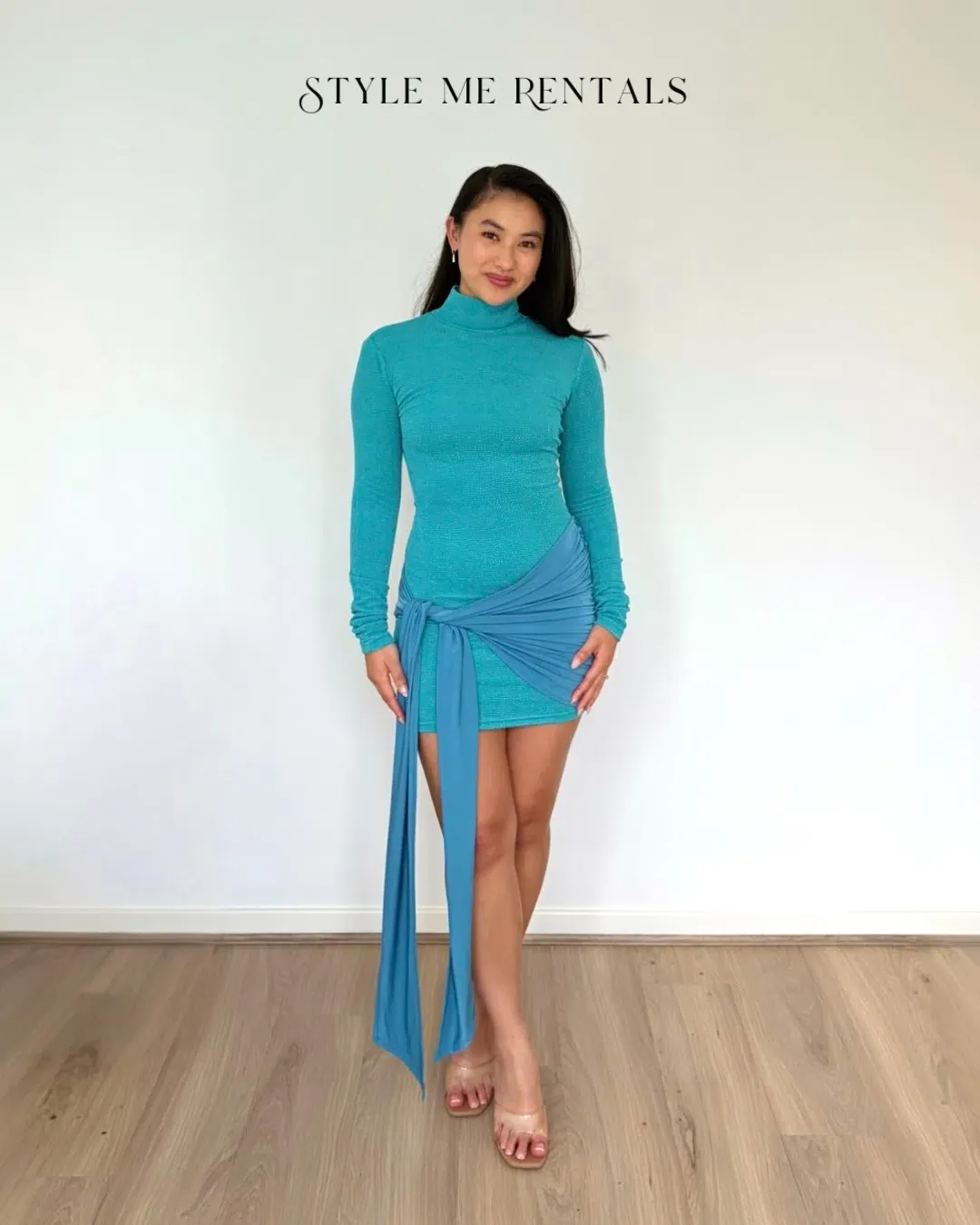 With Harper Lu Textured Wrap Mini Dress Ocean Blue Size M for rent on The Volte - main image