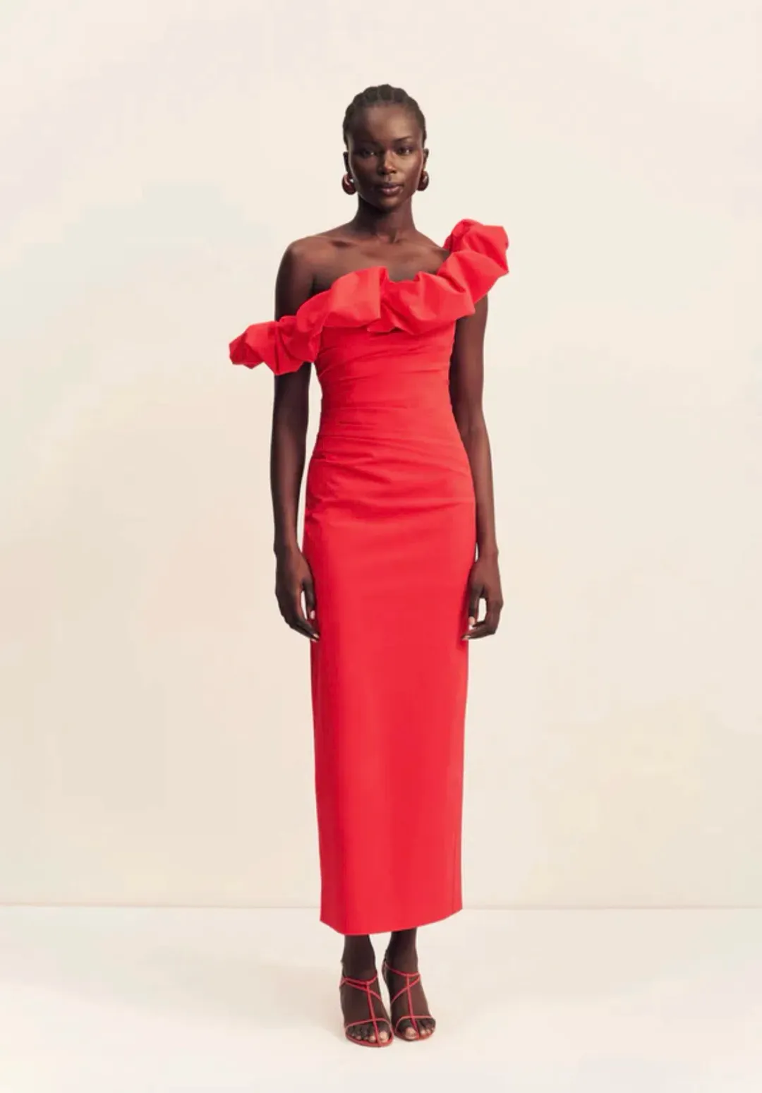 Shona Joy Campbell Ruffle Draped Maxi Dress Goji Red size 14 for rent on The Volte - main image