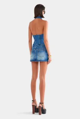 Venroy Denim Halter Mini Dress in Mid Indigo Size S / AU 8 for rent on The Volte - image 3