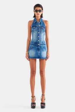 Venroy Denim Halter Mini Dress in Mid Indigo Size S / AU 8 for rent on The Volte - image 1